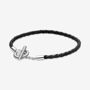 PANDORA Bracciale in Pelle Nera con Chiusura a T